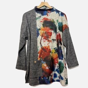 Ali Miles watercolor abstract artsy tunic top asymmetrical lagenlook high neck L